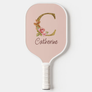 Custom Name Gold Foil Blush Pink Roses Letter C Pickleball Paddle