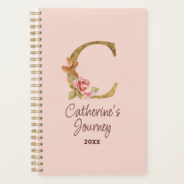 Custom Name Gold Foil Blush Pink Roses Letter C Planner (Front)
