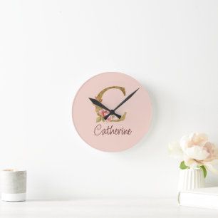 Custom Name Gold Foil Blush Pink Roses Letter C Round Clock