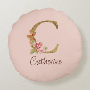 Custom Name Gold Foil Blush Pink Roses Letter C Round Cushion