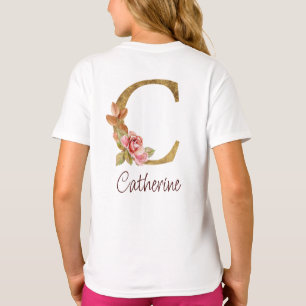 Custom Name Gold Foil Blush Pink Roses Letter C T-Shirt