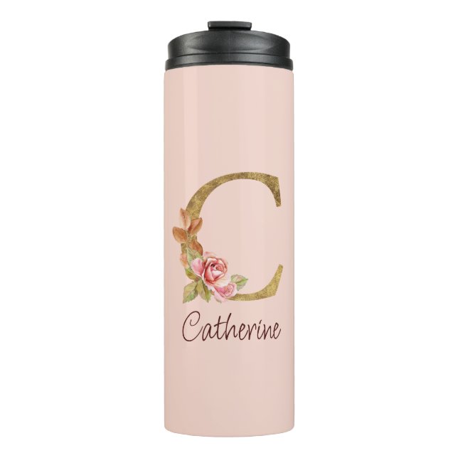 Custom Name Gold Foil Blush Pink Roses Letter C Thermal Tumbler (Front)