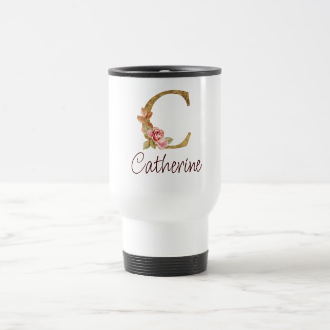 Custom Name Gold Foil Blush Pink Roses Letter C Travel Mug (Center)