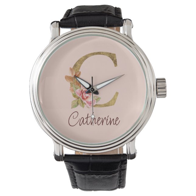 Custom Name Gold Foil Blush Pink Roses Letter C Watch (Front)
