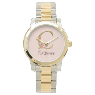 Custom Name Gold Foil Blush Pink Roses Letter C Watch