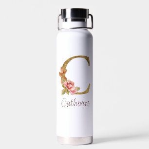 Custom Name Gold Foil Blush Pink Roses Letter C Water Bottle