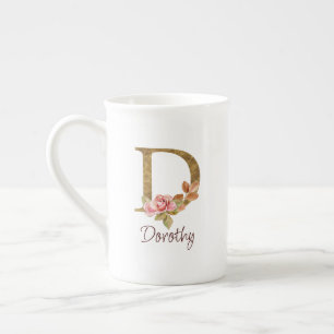 Custom Name Gold Foil Blush Pink Roses Letter D Bone China Mug
