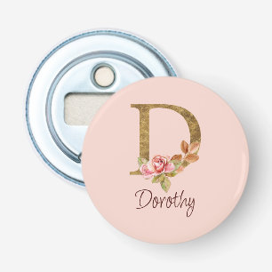 Custom Name Gold Foil Blush Pink Roses Letter D Bottle Opener