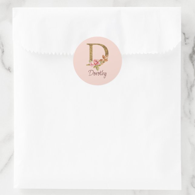 Custom Name Gold Foil Blush Pink Roses Letter D Classic Round Sticker (Bag)