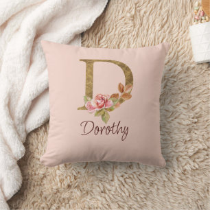 Custom Name Gold Foil Blush Pink Roses Letter D Cushion