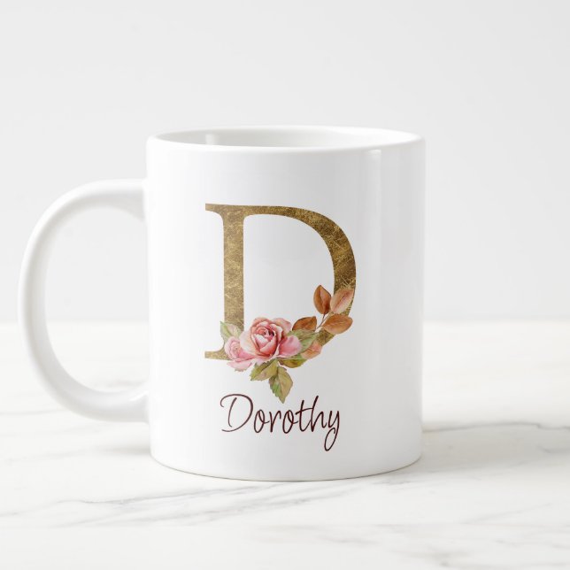Custom Name Gold Foil Blush Pink Roses Letter D Large Coffee Mug (Left)