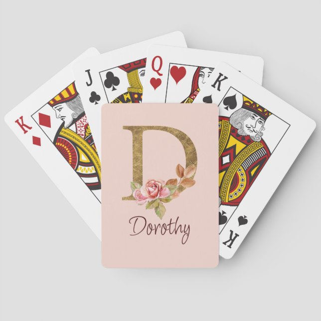 Custom Name Gold Foil Blush Pink Roses Letter D Playing Cards (Back)
