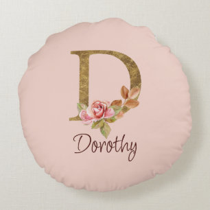 Custom Name Gold Foil Blush Pink Roses Letter D Round Cushion