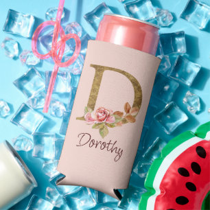Custom Name Gold Foil Blush Pink Roses Letter D Seltzer Can Cooler