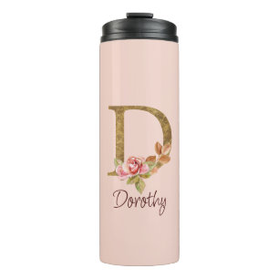 Custom Name Gold Foil Blush Pink Roses Letter D Thermal Tumbler