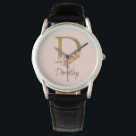 Custom Name Gold Foil Blush Pink Roses Letter D Watch<br><div class="desc">Custom Name Gold Foil Blush Pink Roses Letter D design presents an elegant floral monogram with shimmering detail—ideal for soft feminine style,  romantic touches,  and personalised name designs. Click 'Personalise' to add your name or a loved one’s.</div>
