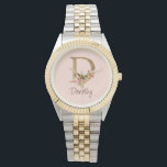 Custom Name Gold Foil Blush Pink Roses Letter D Watch<br><div class="desc">Custom Name Gold Foil Blush Pink Roses Letter D design presents an elegant floral monogram with shimmering detail—ideal for soft feminine style, romantic touches, and personalised name designs. Click 'Personalise' to add your name or a loved one’s.</div>