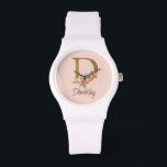 Custom Name Gold Foil Blush Pink Roses Letter D Watch<br><div class="desc">Custom Name Gold Foil Blush Pink Roses Letter D design presents an elegant floral monogram with shimmering detail—ideal for soft feminine style,  romantic touches,  and personalised name designs. Click 'Personalise' to add your name or a loved one’s.</div>