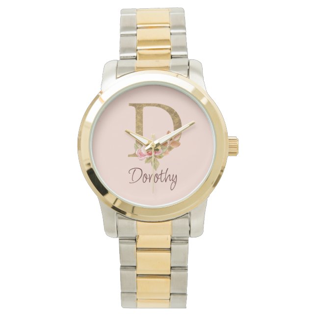 Custom Name Gold Foil Blush Pink Roses Letter D Watch (Front)