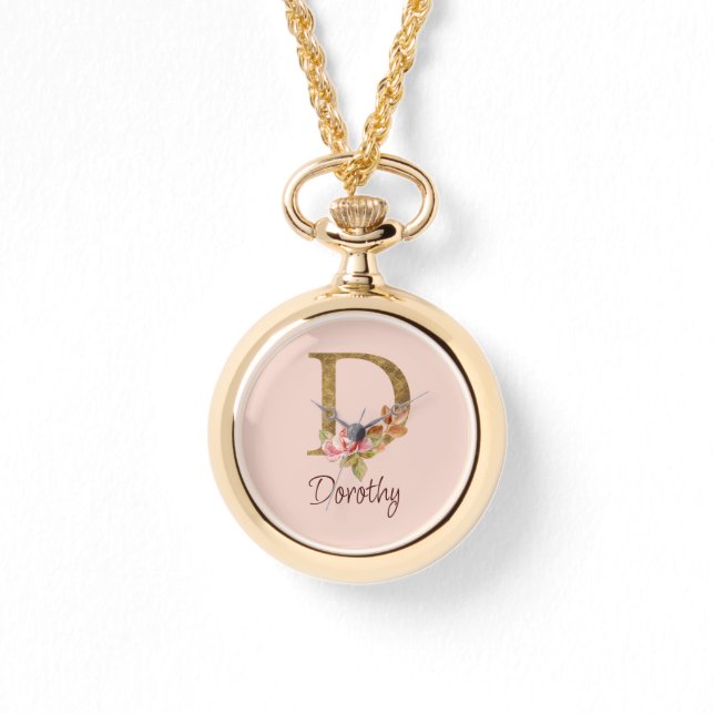 Custom Name Gold Foil Blush Pink Roses Letter D Watch (Front)