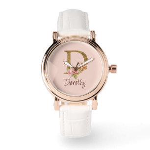 Custom Name Gold Foil Blush Pink Roses Letter D Watch