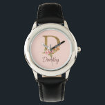Custom Name Gold Foil Blush Pink Roses Letter D Watch<br><div class="desc">Custom Name Gold Foil Blush Pink Roses Letter D design presents an elegant floral monogram with shimmering detail—ideal for soft feminine style,  romantic touches,  and personalised name designs. Click 'Personalise' to add your name or a loved one’s.</div>