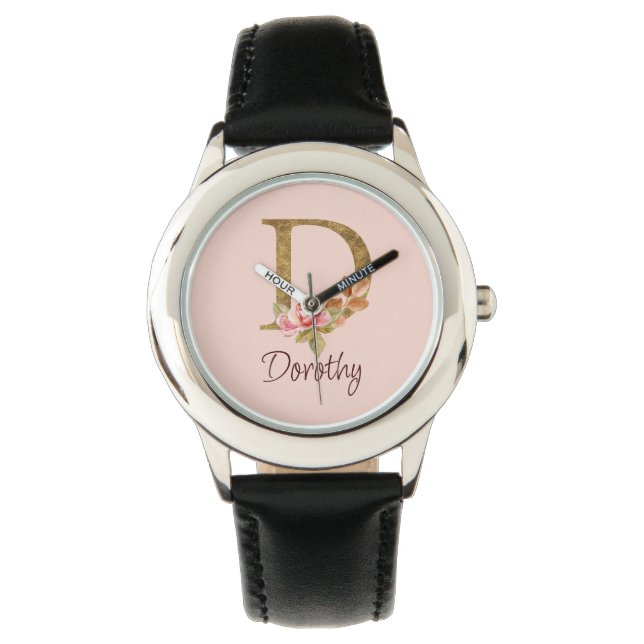 Custom Name Gold Foil Blush Pink Roses Letter D Watch (Front)