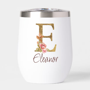 Custom Name Gold Foil Blush Pink Roses Letter E