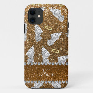 Custom name gold glitter angel wings iPhone 11 case