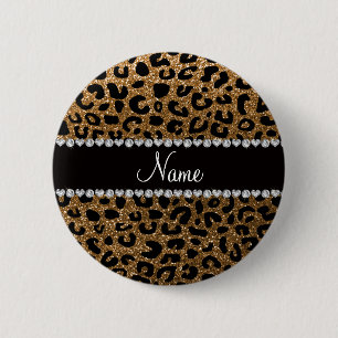 Custom name gold glitter cheetah print 6 cm round badge