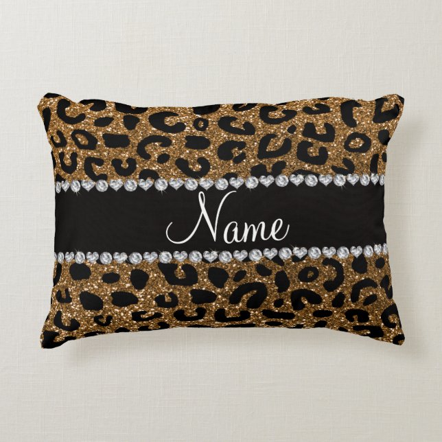 Custom name gold glitter cheetah print decorative cushion (Front)