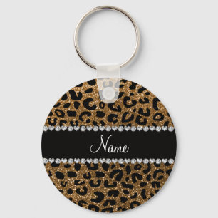 Custom name gold glitter cheetah print key ring
