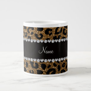 Custom name gold glitter cheetah print large coffee mug