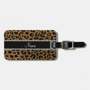 Custom name gold glitter cheetah print luggage tag