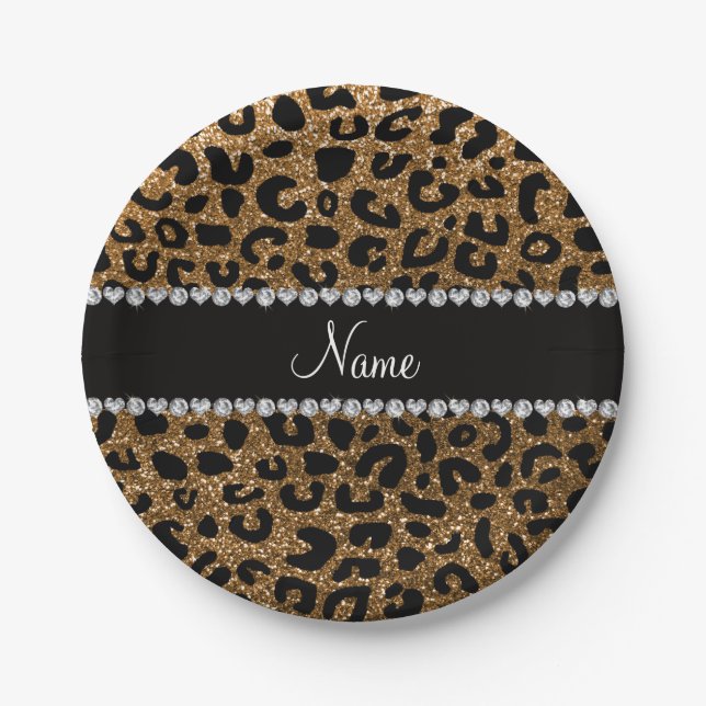 Custom name gold glitter cheetah print paper plate (Front)
