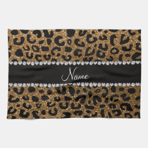 Custom name gold glitter cheetah print tea towel