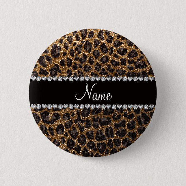 Custom name gold glitter leopard print 6 cm round badge (Front)