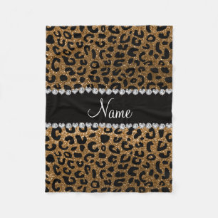 Custom name gold glitter leopard print fleece blanket