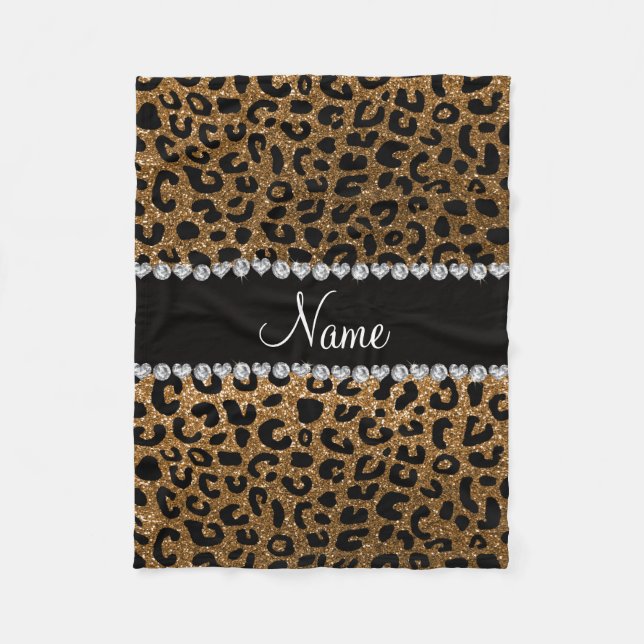 Custom name gold glitter leopard print fleece blanket (Front)