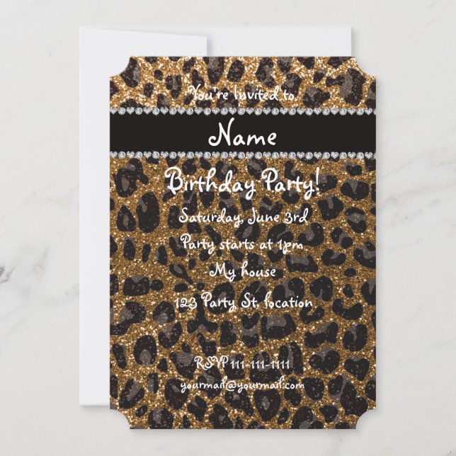 Custom name gold glitter leopard print invitation (Front)