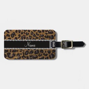 Custom name gold glitter leopard print luggage tag