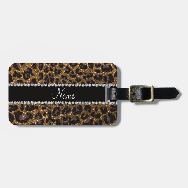 Custom name gold glitter leopard print luggage tag (Front Horizontal)