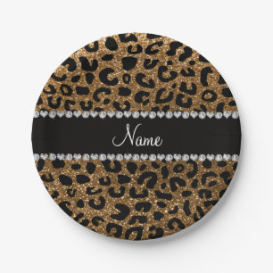 Custom name gold glitter leopard print paper plate