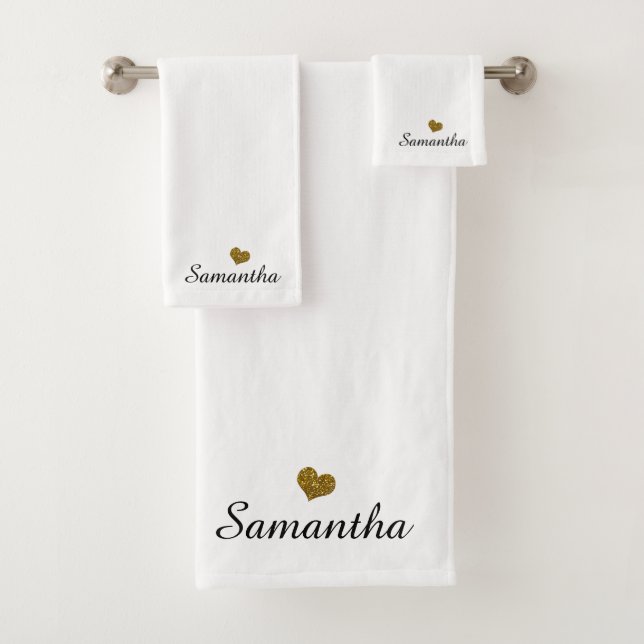 Custom Name Gold Heart Personalised Black  White Bath Towel Set (Insitu)