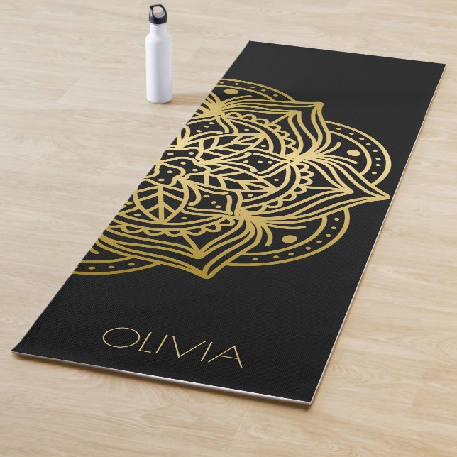 Custom Name Gold Mandala Black  Yoga Mat (In Situ)