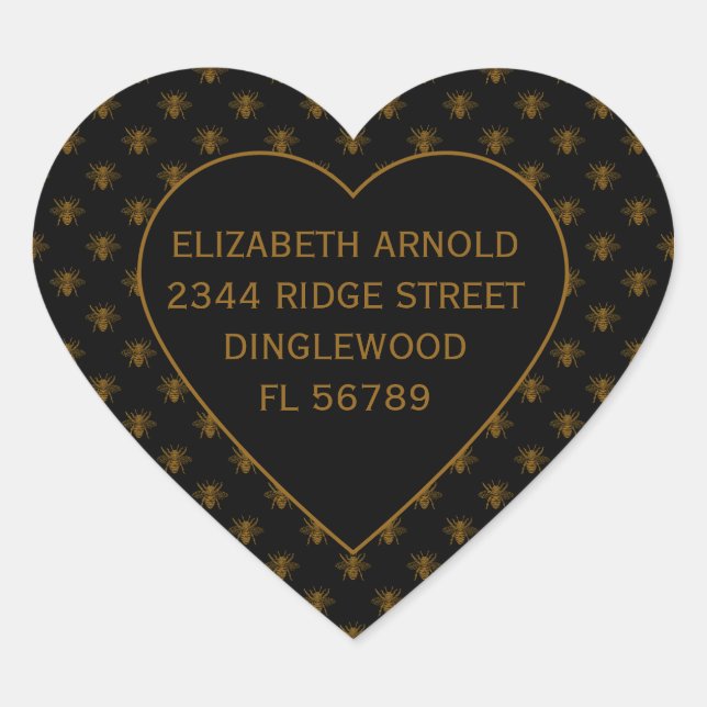 Custom Name Gold Metallic Foil Bees on Black Heart Sticker (Front)