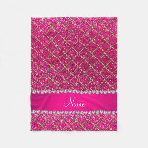 Custom name gold neon hot pink glitter moroccan fleece blanket