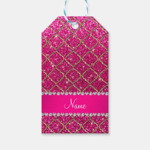 Custom name gold neon hot pink glitter moroccan gift tags