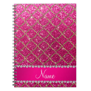 Custom name gold neon hot pink glitter moroccan notebook