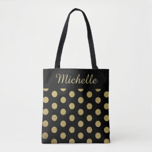Custom Name Gold Polka Dot Black Tote Bag